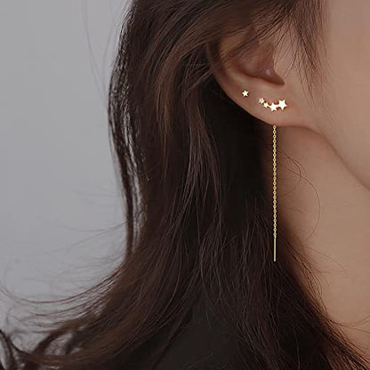 Boho Wedding Tiny Cz Star Threader Earrings Gold Pull Through Earrings Thread Dainty Long Chain Tassel Dangle Small Crystal Climber Simple Crawler Stud Line Bar Chain Drop Delicate Minimalist Women