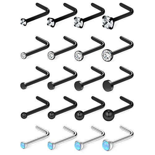 20G 1.5mm 2mm 2.5mm 3mm 3.5mm 4mm Opal Clear Diamond CZ Nose L Shaped Studs Rings Piercing Jewelry 4-20PCS - color: 20PCS - Black