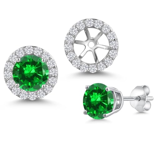 Gem Stone King 14K White Gold 6MM Round Gemstone Birthstone Stud Earrings with Removable Jackets and Lab Grown Diamond Accents | Gold Earrings For Women | Fine Jewelry Gift for Her Mom Women Wife - color: Created Emerald-May
