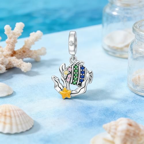 S925 Sterling Silver Cute Bead Charm for Pandora Bracelets and Necklaces | Lucky Clover Cute Animal Pink Bow Cherry Butterfly Pendant Bead Charms Jewelry Making Gifts for Women Valentines Mother's Day - style: ocean element pendant