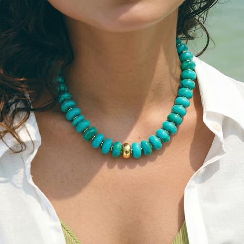Beaded necklace for Women Boho Bead Gemstone Chunky Necklace Big Bead Necklace Fashion Trendy Summer Necklaces Jewelry Gifts - color: Turquoise&GD Beaded
