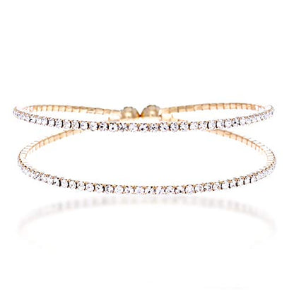 NTLX Crystal Bracelet for Women – Rhinestone Bangle Bracelet – Silver & Gold Plated - Flexible & Adjustable – Two Row - Bridal, Wedding, Prom, Party, Pageant, Evening, Casual, Bracelet - with Gift Box - color: Gold