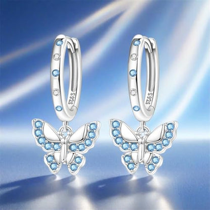 925 Sterling Silver Hoop Earrings Drop Dangle Earrings for Women Hypoallergenic Earring Trendy Huggie Earring Cute Graduation Birthday Gifts Jewelry for Women - color: Blue butterfly earrings