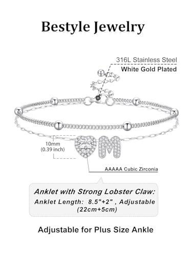 Bestyle Initial Anklet Bracelets for Women Waterproof Non Tarnish 14K Gold/White Gold Plated CZ Anklets for Women Dainty Layered Letter Heart Ankle Bracelets Adjustable Foot Chain Anklet - color: M