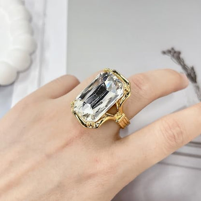 Bling Rhinestone Rectangle Statement Knuckle Cocktail Ring Adjustable Band for Women Trendy Geometric Sparkly Clear Crystal Chunky Open Finger Rings Engagement Wedding Promise Party Prom Jewelry Gift