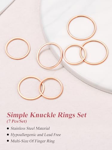 FOCALOOK 28 PCS Knuckle Ring Set 1MM Stainless Steel Women's Thin Plain Band Stacking Midi Finger Rings Set Comfort Fit Silver/Black/Gold/Rose Tone Size 4-10 - color: 03.Rose Gold Plated,7pcs
