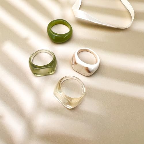 Resin Acrylic Plastic Stackable Rings for Women | Statement Chunky, Trendy Colorful, Knuckle Jewelry, Dome Thick Rings, Bulk Set - color: GreenBrown