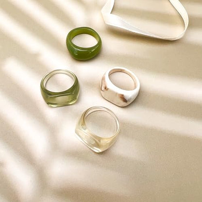 Resin Acrylic Plastic Stackable Rings for Women | Statement Chunky, Trendy Colorful, Knuckle Jewelry, Dome Thick Rings, Bulk Set - color: GreenBrown