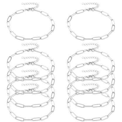 Exway 10 Pcs Paperclip Charm Bracelets Chain 6.5 Inch Stainless Steel Sliver Chain Bracelets Kit with Lobster Clasps for Crafts DIY Women Jewelry Making - color: silver style B, size: 6.5in