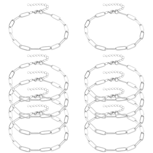 Exway 10 Pcs Paperclip Charm Bracelets Chain 8.0 Inch Stainless Steel Sliver Chain Bracelets Kit with Lobster Clasps for Crafts DIY Women Jewelry Making - color: silver style B, size: 8.0in