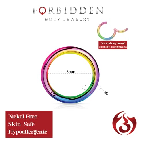 Forbidden Body Jewelry 316L Surgical Steel Hinged Seamless Nose Rings Hoop 14G 16G 18G, Diameter 6mm 8mm 10mm 12mm, Gold/Rose Gold/Silver/Black/Rainbow Colors. - style: 14g 8mm - Rainbow