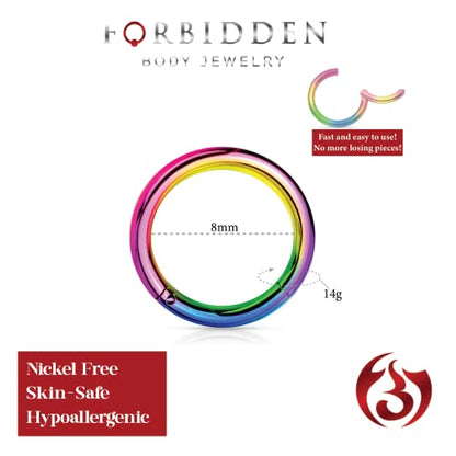 Forbidden Body Jewelry 316L Surgical Steel Hinged Seamless Nose Rings Hoop 14G 16G 18G, Diameter 6mm 8mm 10mm 12mm, Gold/Rose Gold/Silver/Black/Rainbow Colors. - style: 14g 8mm - Rainbow