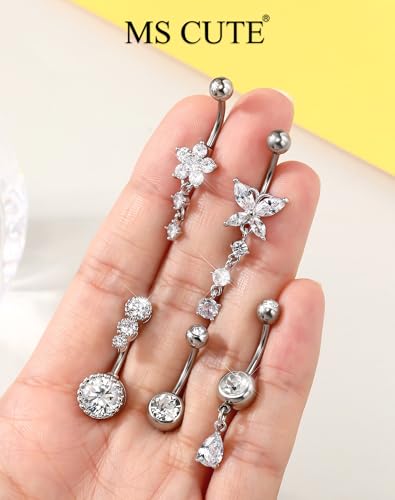 5PCS Belly Button Rings for Women Girls, 14G Surgical Steel Navel Rings Set, Gold & Silver CZ Dangle Body Piercing Jewelry - color: Silver-Butterfly