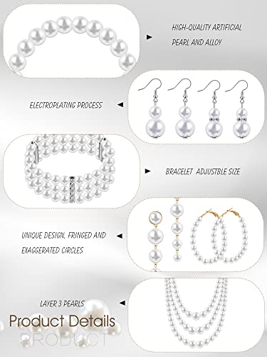 BBTO 8 Pcs Pearl Necklace and Earring Set for Women Faux Pearl Bracelet Costume Jewelry Set for Wedding Bridal Shower Party - style: Elegant Style