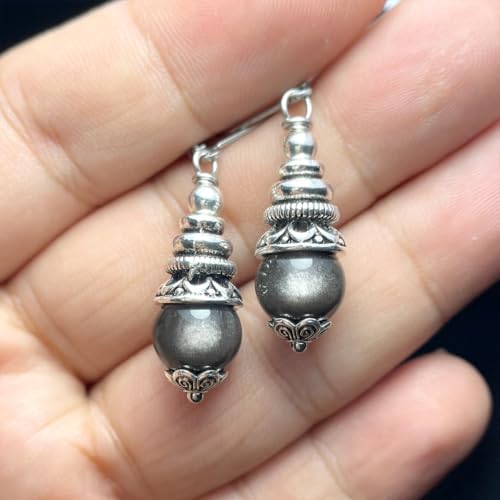 Natural 10mm Stone Beads Drop Earrings,Retro Silver Round Quartz Crystal Gemstone Beads Dangle Earrings for Women - color: A14_Sheen Obsidian