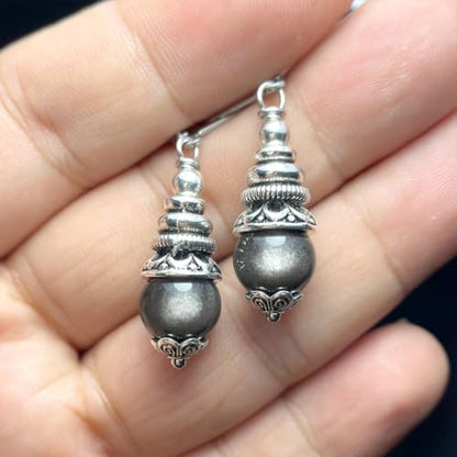 Natural 10mm Stone Beads Drop Earrings,Retro Silver Round Quartz Crystal Gemstone Beads Dangle Earrings for Women - color: A14_Sheen Obsidian