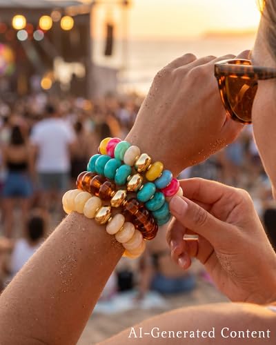 4 Pcs Chunky Beaded Bracelets for Women | Adjustable Colorful Resin Beads Bracelets Stretch Beaded Bracelet Boho Summer Beach Vacation Jewelry Gift - color: Color 3
