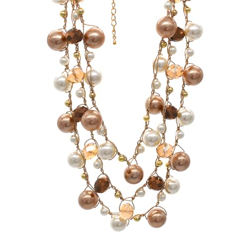 utop JNF Hand made Pearl Statement Necklace for Women Rhinestone Multilayer Crystal Necklaces Chunky Pearl Necklace Large Pearl Necklace and Earrings Set for Mother Mom's gift - color: champagne pearl necklace 3layers