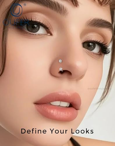 OUFER 2PCS 316L Surgical Steel Horseshoe Nose Rings Hoops, 20G Push Pin Threadless Nose Rings For Women Men, Double Crystal Horseshoe Septum Lip Eyebrow Helix Daith Ear Piercing Jewelry-7mm and 8mm - color: Silver, Clear CZ