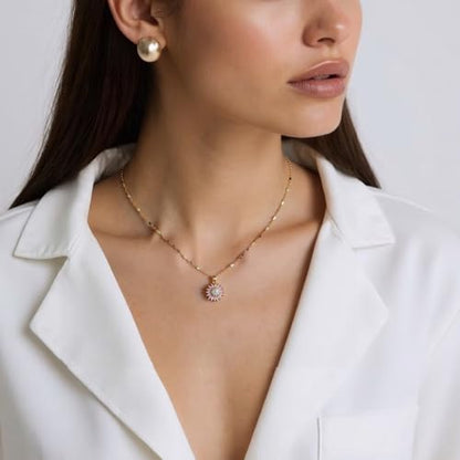 Sunflower Fidget Necklace for Women Gold Moon Necklace Rotating Heart Necklaces Spinning Crystal Flower Anxiety Necklaces Crescent Moons Jewelry Accessories - color: Pink