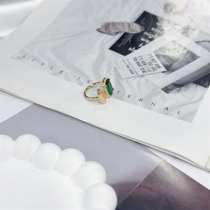 Elegant Gemstone Geometric Statement Rings for Women Gold-Tone Plated Stainless Steel Open Band Dainty Wedding Open Adjustable Middle Thumb Ring Cocktail Prom Party Trendy Jewelry for Girlfriend - color: Green