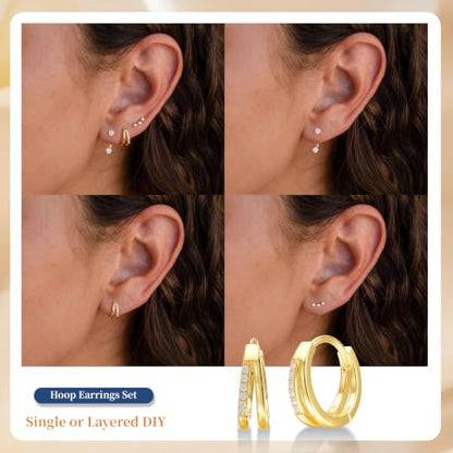 Gold Earrings for Women, Dainty CZ Huggie Hoop & Stud Earrings Set Jewelry | Gold Stack Lightweight Hypoallergenic Comfort, Perfect for Everyday Wear, Weddings, and Special Occasions.Jewelry Gift