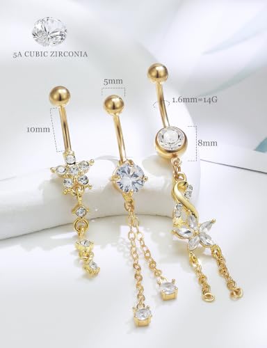 14G Belly Button Ring Piercing Surgical Steel Clear Pink CZ Dangling Navel Rings 10MM Length Hypoallergenic Heart Flower Belly Piercing Jewelry for Women Men Silver Gold - color: Gold- Clear CZ