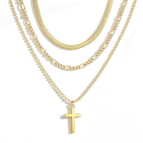 4PCS Layered Gold Cross Necklaces for Women Trendy, Bohemian Bead Pearl Y Long Pendant Necklace Set, Vintage Rosary Necklace Stack Adjustable Length - color: Gold-cross