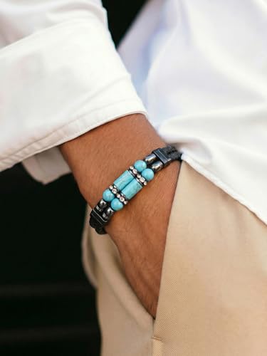 Mens Leather Turquoise/Tiger Eye/Obsidian/Lava Stone Bracelet–Braided Multi‑Layer Wristband Cuff Bangle Barcelet–Jewelry Box and Pouch Packing - color: Turquoise Stone, size: 8.3in(Fits most wrists)