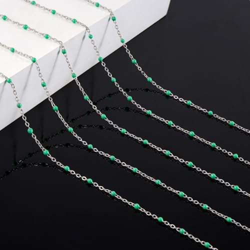 KYUNHOO 5 Meters Green Enamel Beaded Cable Chain Links for Jewelry Making | Silver Necklace Bulk Stainless Steel Jewelry Chains with Clasps Jewelry Supplies for Women DIY Crafts - color: silver-light green