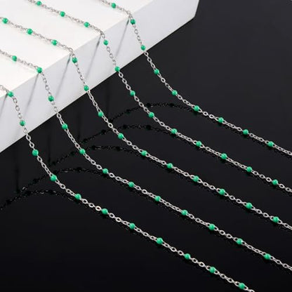KYUNHOO 5 Meters Green Enamel Beaded Cable Chain Links for Jewelry Making | Silver Necklace Bulk Stainless Steel Jewelry Chains with Clasps Jewelry Supplies for Women DIY Crafts - color: silver-light green