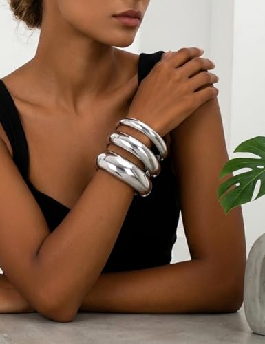 Chunky Gold Bangle Bracelets for Women, Dainty 14k Gold Plated Big Stackable Bangles Set, Trendy Statement Cuff Bracelet Stack Fashion Jewelry Gifts - style: 3 Thick silver bangles