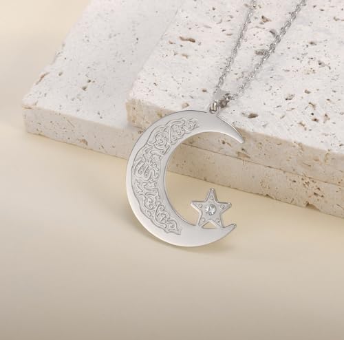 Islamic Ayatul Kursi Necklace Muslim Crescent Moon and Star Pendant Arabic Calligraphy Allah Amulet Religious Jewelry Eid Ramadan Gift for Women Men - color: silver