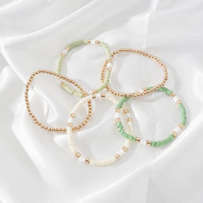 GOOJIDS Surfer Heishi Clay Bead Bracelets for Women Bohemian Stackable Gold Plated Beaded Stretch Bracelets Elastic Layering Friendship Bracelets Set Boho Jewelry - color: C-New Green Color Sets