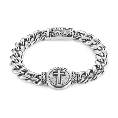 HZMAN 8.5Inch Cuban Link Bracelet for Men Silver Stainless Steel Heavy Biker Link Bracelet - color: Cross