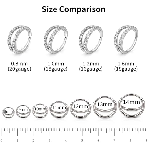 20/16G CZ Hinged Nose Rings Hoop, 316L Surgical Stainless Steel Cartilage Earring, Septum Clicker Ring, Daith Helix Rook Tragus Conch Lip Lobe Piercing Jewelry - color: A Silver Ring with Coloful CZ 01, size: 1pc 20 Gauge 10mm