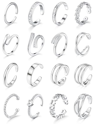 Giovanchi 16Pcs Toe Rings for Women - 14K Gold Filled Non Tarnish | Waterproof Adjustable, Gold Silver Toe Ring, Flower Cz Open Toe Rings Set Foot Jewelry Gifts - color: Silver