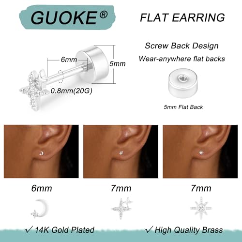 3 Pair Tiny Flat Back Earrings for Women - 14K Gold/White Gold Plated Dainty Cute Small Screw Flatback Stud Earring, Everyday Wear Gift - color: Star&Moon Flat-5/6/7mm Silver