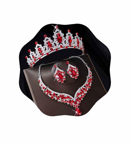 Kamirola Bridal Wedding Tiara Crown Jewelry Set for Women/Brides/Bridesmaids Crystal Jewelry Set for Wedding Prom Party Bridal Crystal Necklace Earrings Bracelet Set(TR60) - color: Silver Red