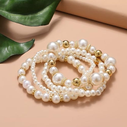4Pcs Pearl Beaded Bracelet Set, Stackable Elastic Bracelets with Gold Heart, Elegant Faux Pearl Jewelry Gifts for Women