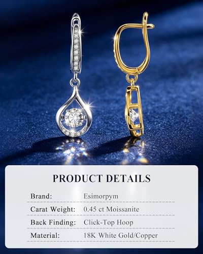 1ct Moissanite Earrings for Women, D Color VVS1 Brilliant Round Cut Teardrop Dangle Earrings, 18K White Gold Plated Click-Top Hoop Drop Earrings, Glow of Firefly Jewelry Gift for Anniversary Wedding - color: White