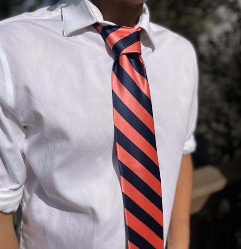 tiemart Men's Striped Tie Standard Length - color: Bright Coral and Navy Blue