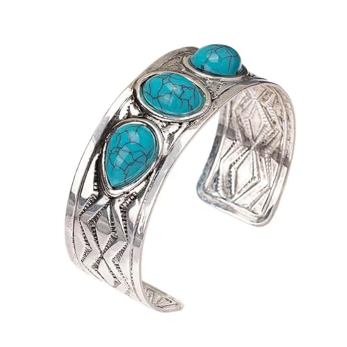 Soyzvteo Western Silver Cuff Bracelet Bohemian Turquoise Engraved Bangle Bracelet Vintage Trendy Boho Outfits Dresses Jewelry Gift - color: C