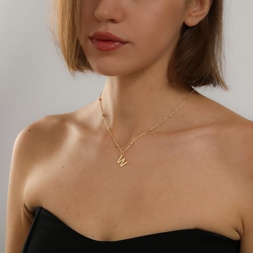 Initial Necklace for Women 14K Gold Silver Dainty Letter Necklace | Personalized Monogram Name Charm Pendant, Simple Bead Chain, Trendy Jewelry Gift, Non Tarnish - style: W