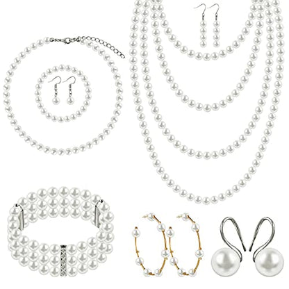 Bonuci 12 Pcs Women Pearl Jewelry Set Pearl Necklace Bracelet Earrings with Rhinestone for Wedding Birthday Bridal Tea Party - style: Stylish Style