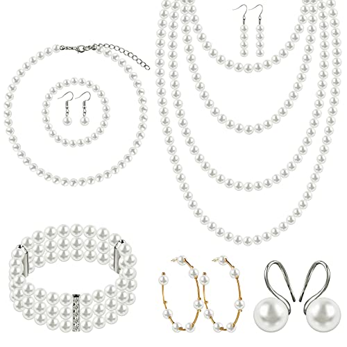 Bonuci 12 Pcs Women Pearl Jewelry Set Pearl Necklace Bracelet Earrings with Rhinestone for Wedding Birthday Bridal Tea Party - style: Stylish Style