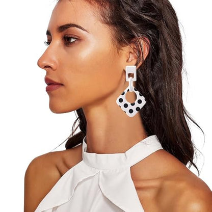 Handmade Lightweight Retro Polka Dot Square Hollow Round Dangle Drop Earrings Unique Chic Resin Geometric Stud Earrings For Women - style: White Chain