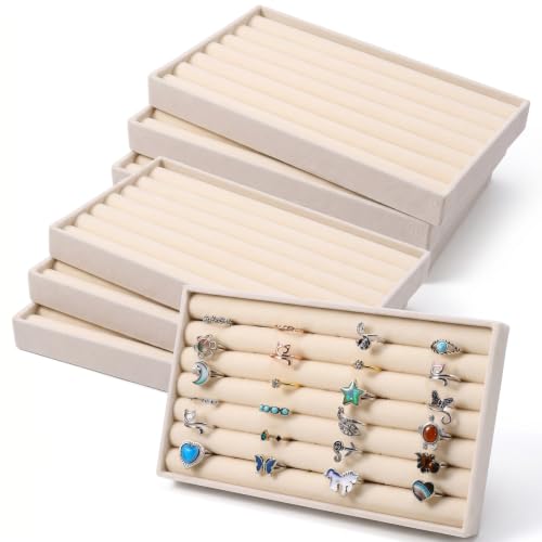 8 Pcs Velvet Jewelry Trays 7 Slot Ring Tray for Drawer Mini Earring Display | Stackable Ring Board Case,Small Stud Earring Holder,Inserts Bracelet Necklace Storage Trays for Women, 8.3x4.8x1"(Beige)