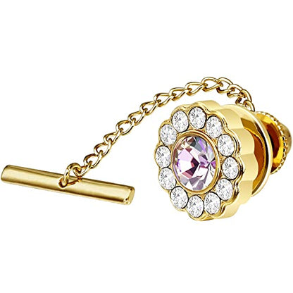 AMITER Crystal/Pearl Tie Tack with Chain, Gold Mens Tie Pin Necktie Pins Lapel Pin for Wedding Birthday Anniversary Party - color: 24k Gold+Light Pink Crystal