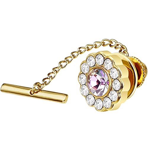 AMITER Crystal/Pearl Tie Tack with Chain, Gold Mens Tie Pin Necktie Pins Lapel Pin for Wedding Birthday Anniversary Party - color: 24k Gold+Light Pink Crystal